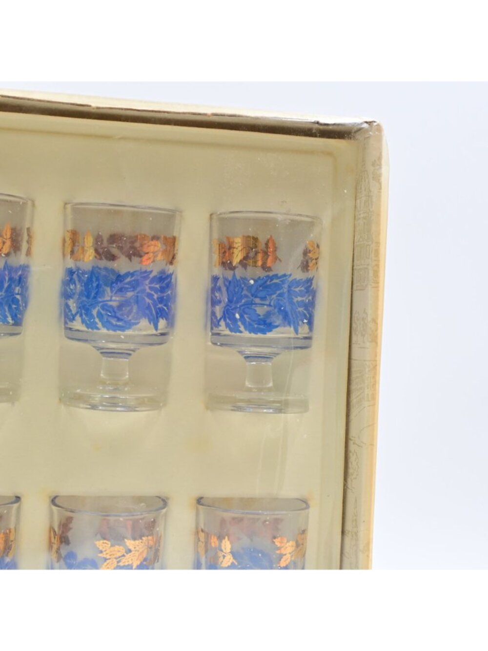 Luminarc Blue Gold Leaves Decanter & 6 Cordial Shot Glasses Boxed Set Vintage - Picture 4 of 8